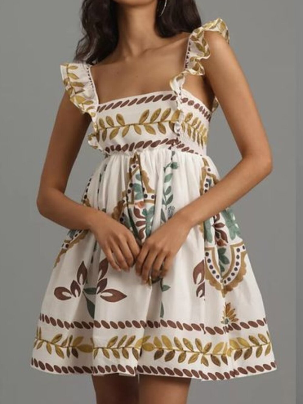 Anthropologie Cream Midi Dress with Olive and Brown Floral Motif